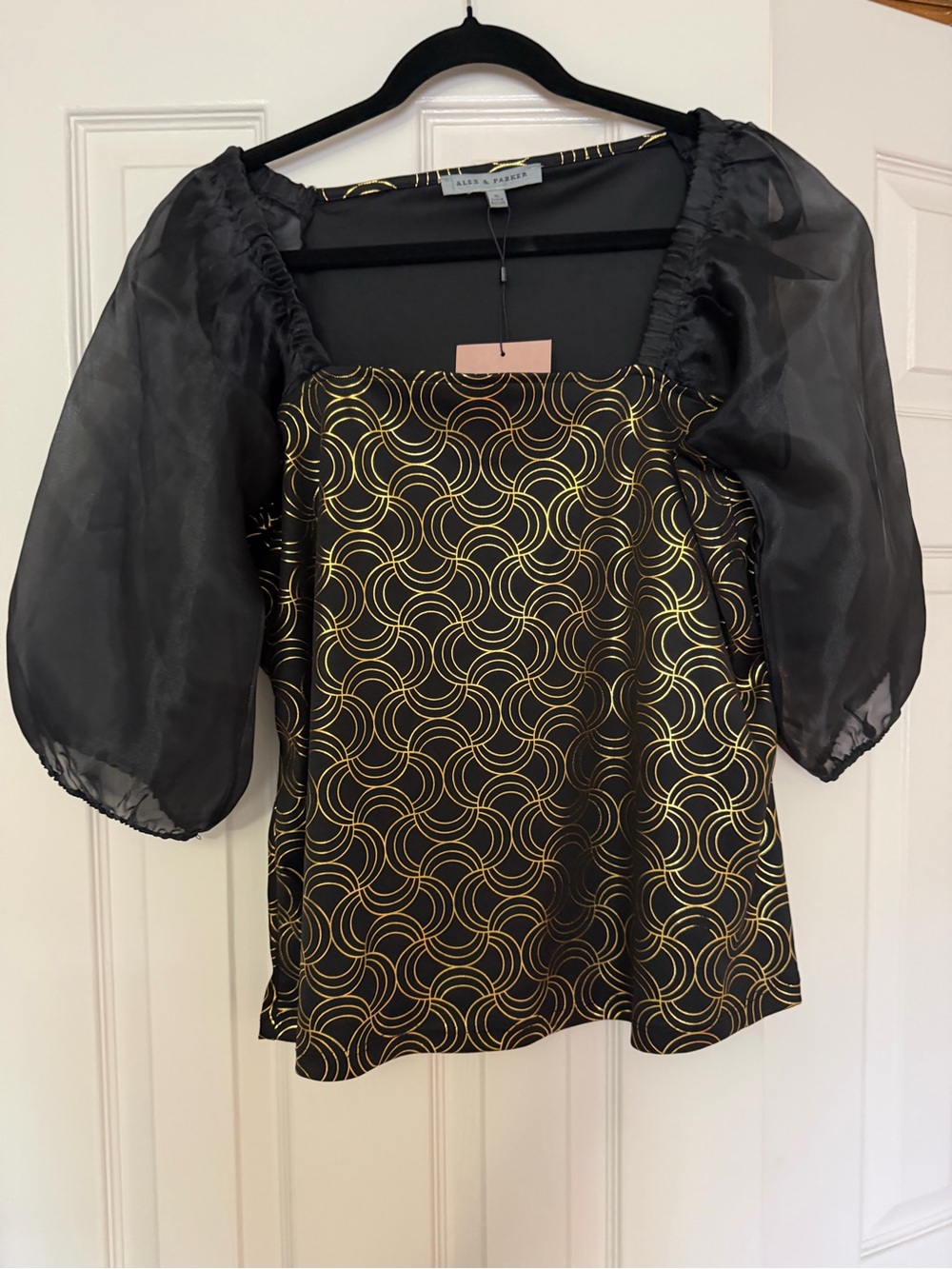 Alex & Parker Black & Gold Puff Sleeve Square Neck Top NWT